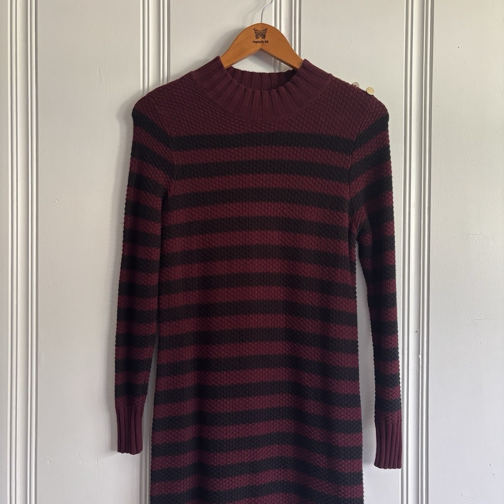 Women's Small Long Sleeve Knit Midi Dress Olive And Oak Burgundy Stripe Cottage